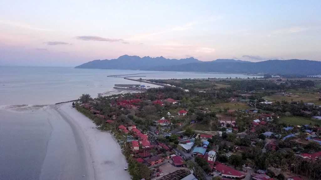 drone shot of Langkawi from above taking in the beach, ocean and resorts