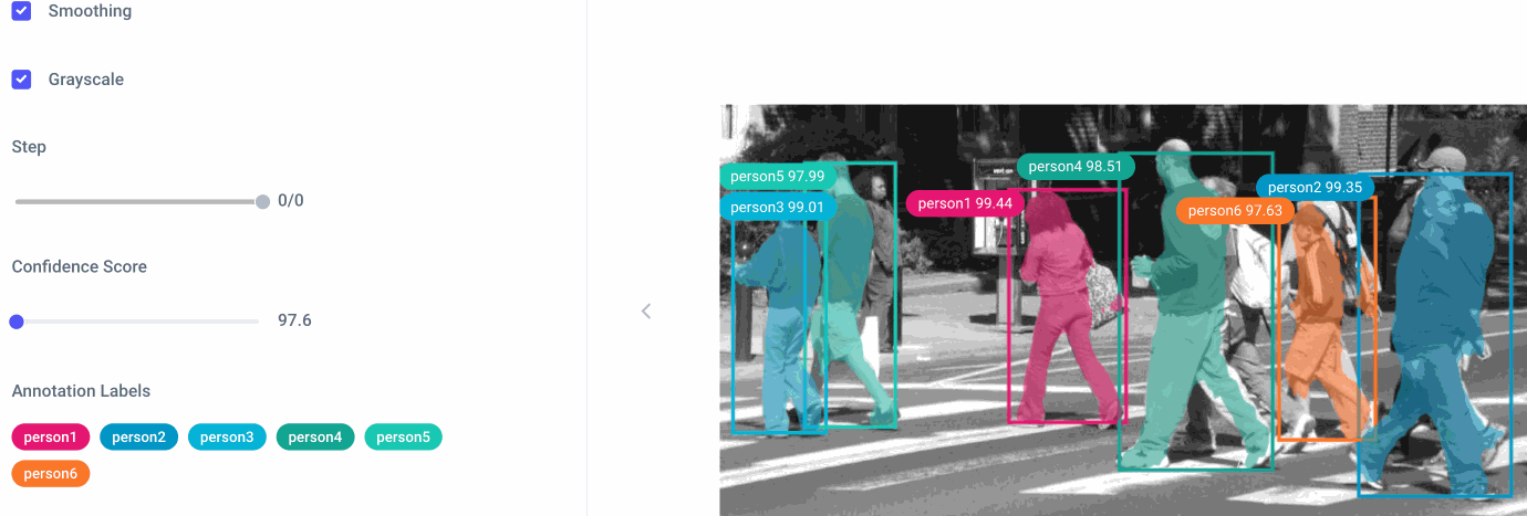 Using the smoothing and grayscale features, as well as the confidence score slider and label selector in Comet’s Image Panel.