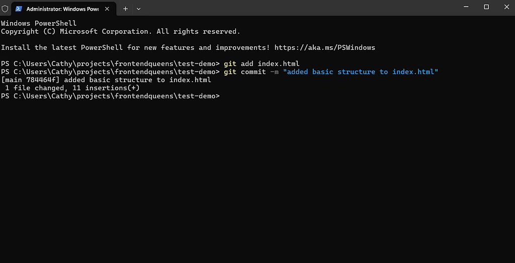 Terminal Window with git add index.html and git commit -m ‘added basic structure to index.html typed