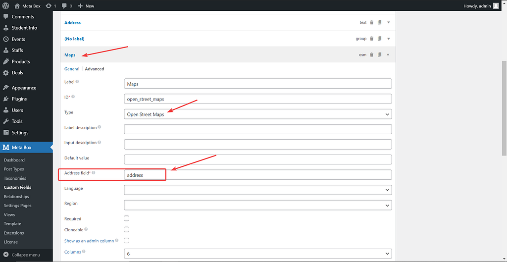 settings for the open street maps field