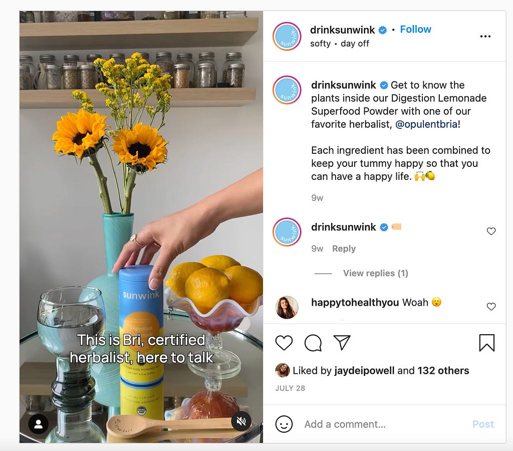 A screenshot of an Instagram post from beverage brand, Sunwink.