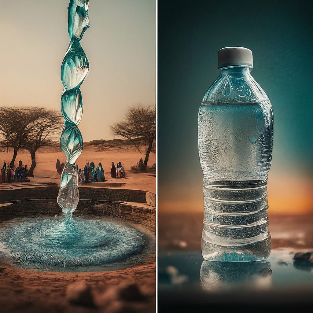 A split image showing a stream of water pouring into a desert oasis surrounded by people on the left, and a close-up of a cold bottled water against a sunset backdrop on the right, illustrating the contrast between natural water sources and commercialized bottled water.