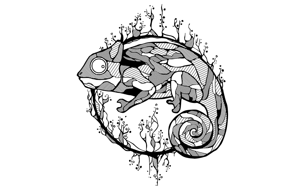 A black and white illustration of Cam the chameleon