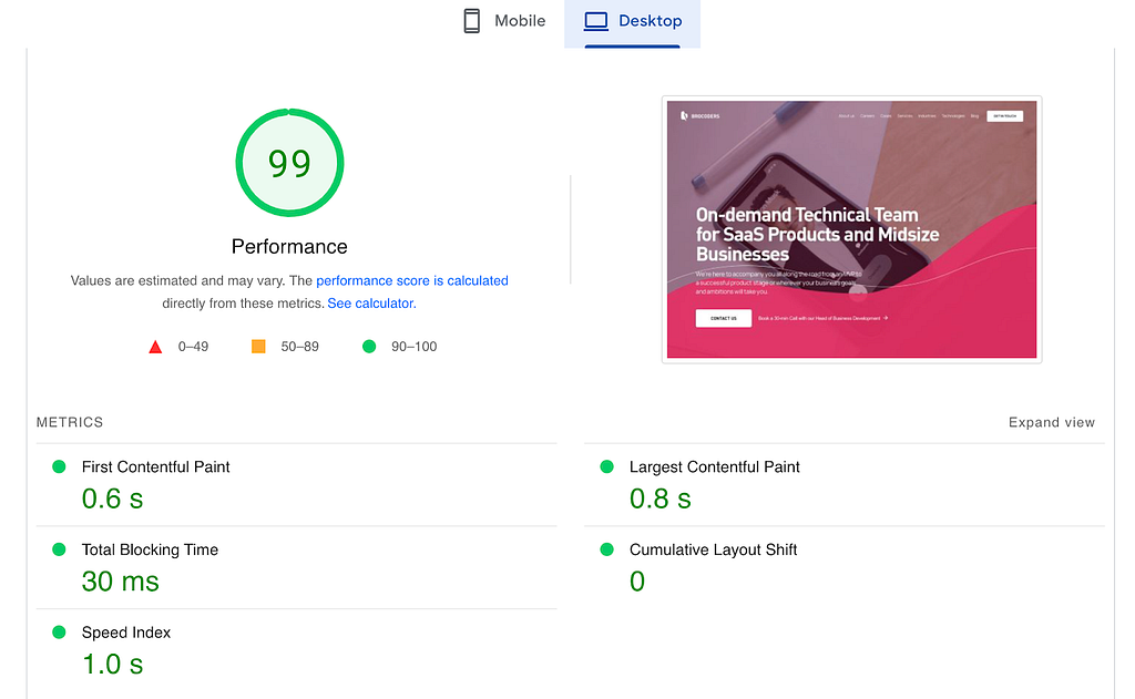 a screenshot on Lighthouse metrics