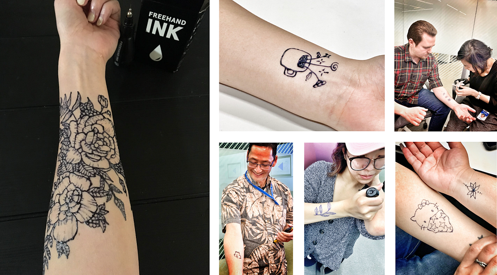 Montage of people in a conference room applying and showing off temporary tattoos