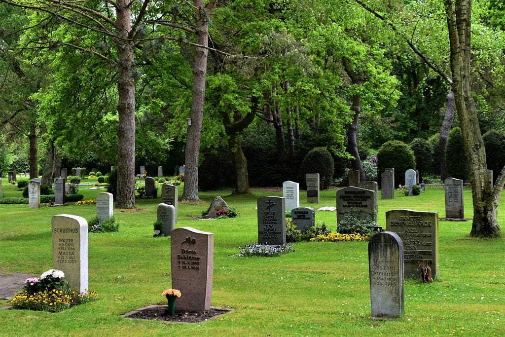 A grassy graveyard