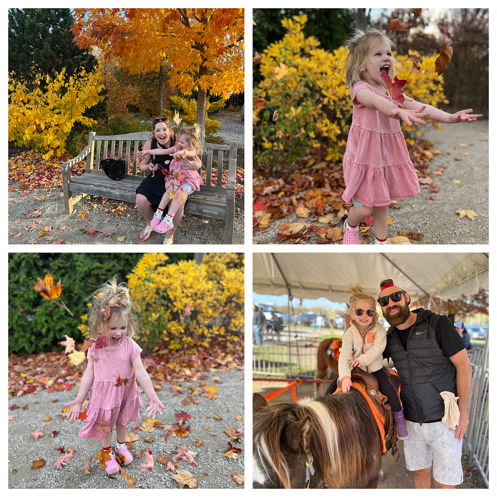 4 pictures: Upper left: Megan and her daughter Charlotte sitting on a park bench with autumn colored leaves in the background. Upper right: Charlotte throwing leaves in the air, sporting a big smile. Lower left: Another pose of Charlotte throwing leaves in the air. Lower right: Charlotte on a horse wearing sunglasses smiling with her dad and my husband, Mike, standing by her side.