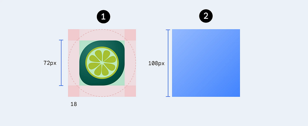 Adaptive icon recommendations, stipulating a square foreground icon at 72px and background at 108px
