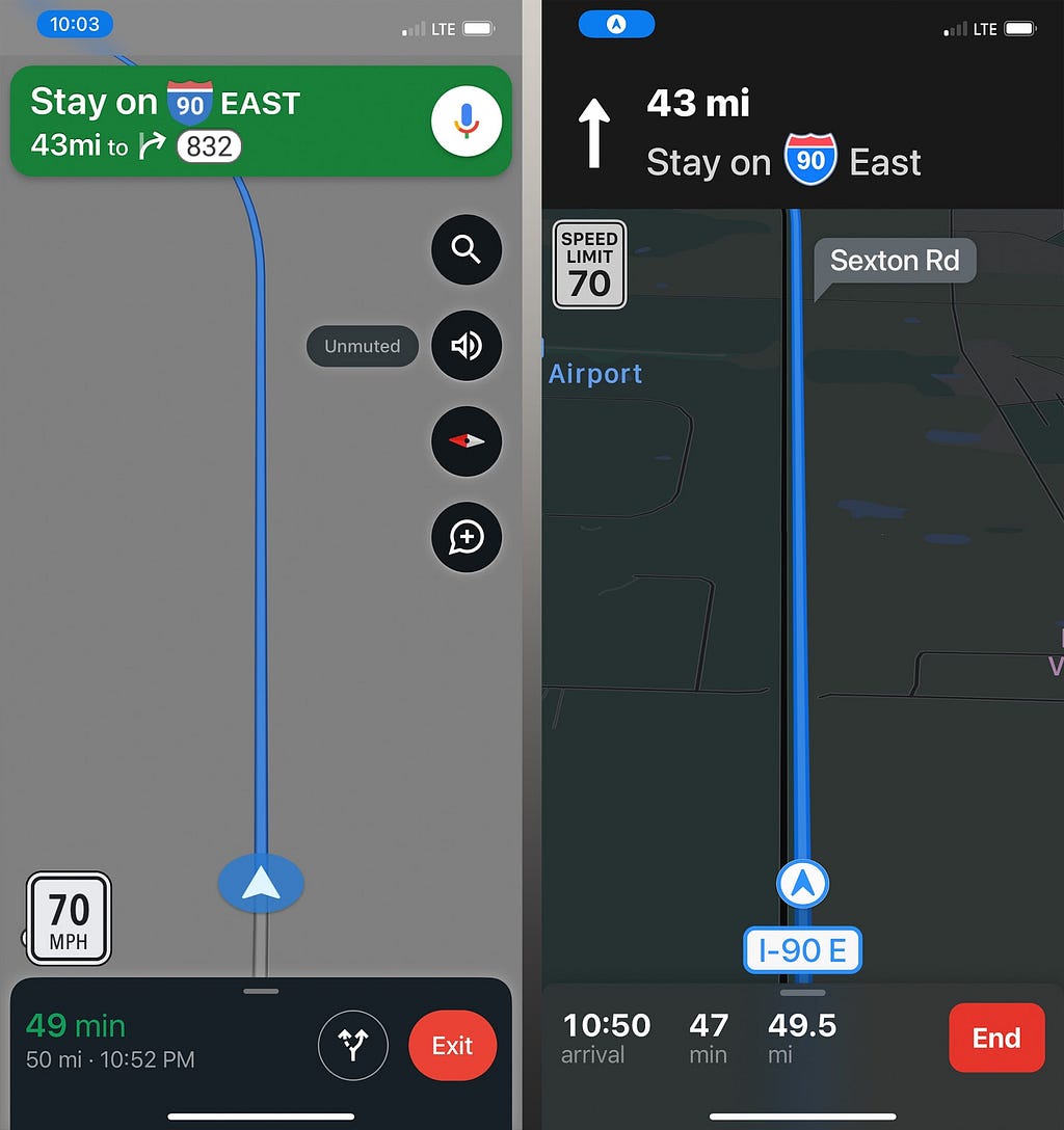 Screenshots for Google and Apple Maps of an interstate journey