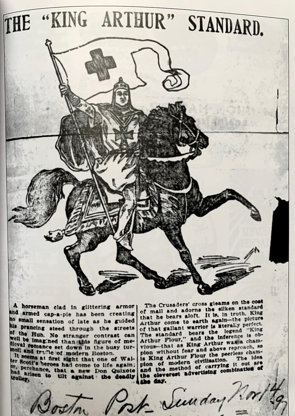 An ad in the Boston Print newspaper showing a knight riding a horse holding a flag that reads “The King Arthur Standard.”