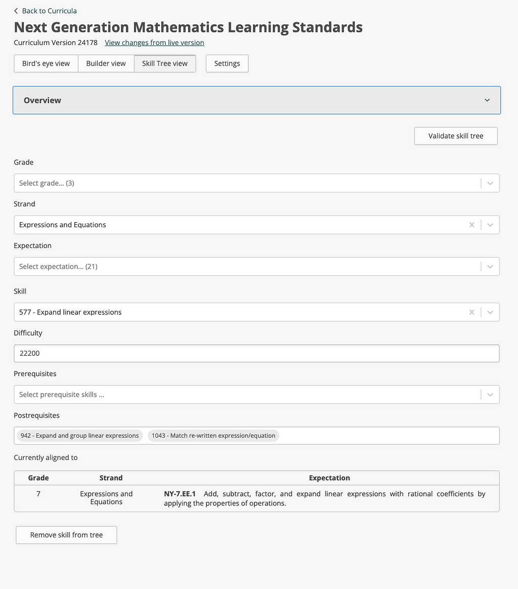 An image showing the first iteration of the skill tree editing functionality within the EdCAT tool. The image shows a web form with many fields, allowing editing of a skill tree for a curriculum.