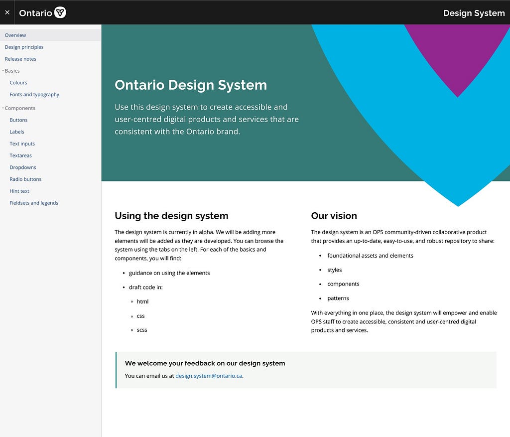 Ontario design system landing page in Alpha