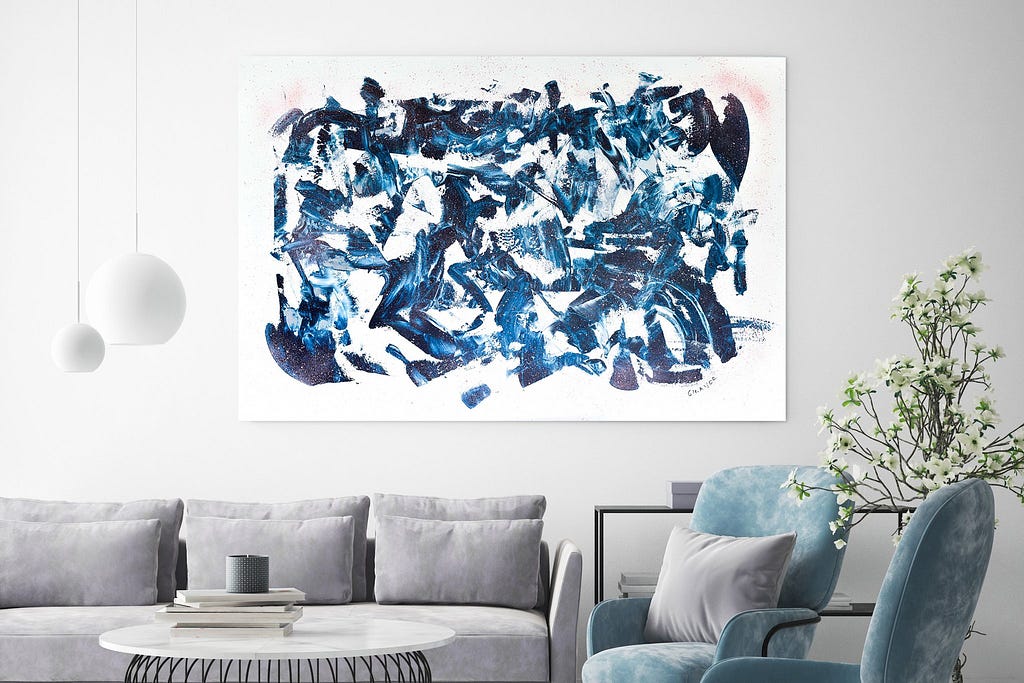 Original abstract art, blue and white abstract painting
