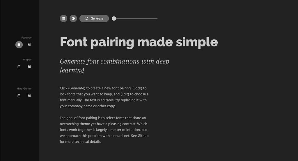 Fontjoy tool recommending a pairing of fonts Raleway with Arapey and Hind Guntur