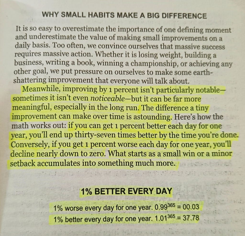 Excerpt from the book Atomic Habits quoting how getting 1% better every day makes you 37.78 times better at the end of the year