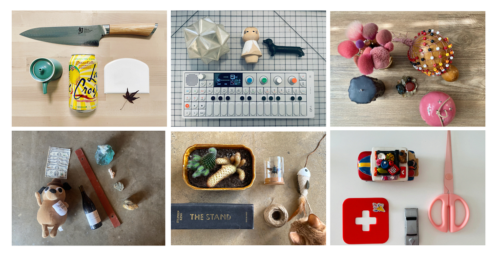 Six photographs of treasured objects, including craft supplies, a mini keyboard, plants and a book