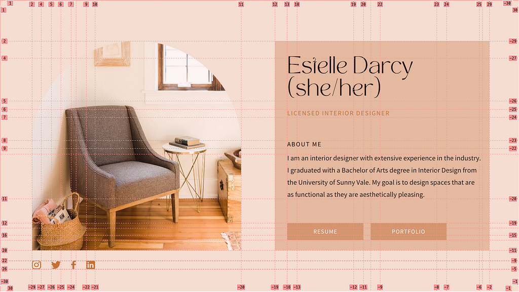 A beautiful Canva template featuring a sofa, coffee table with a book on it and wooden flooring in a well-lit apartment. The template is states “Estelle Darcy” with resume and portfolio buttons. There are grids to split the template into small sections.