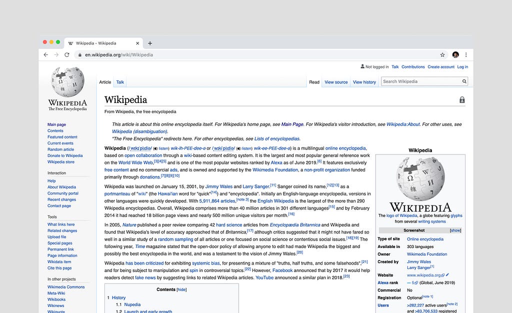 Screenshot of Wikipedia page about Wikipedia