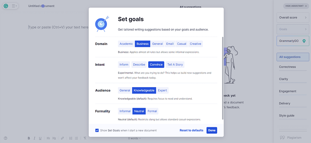 You can set goals for your document in Grammarly’s Editor