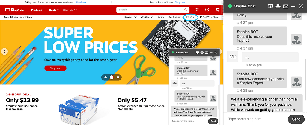 Staples website which shows a black school notebook and green pair of scissors at the top. The chat box is also featured.