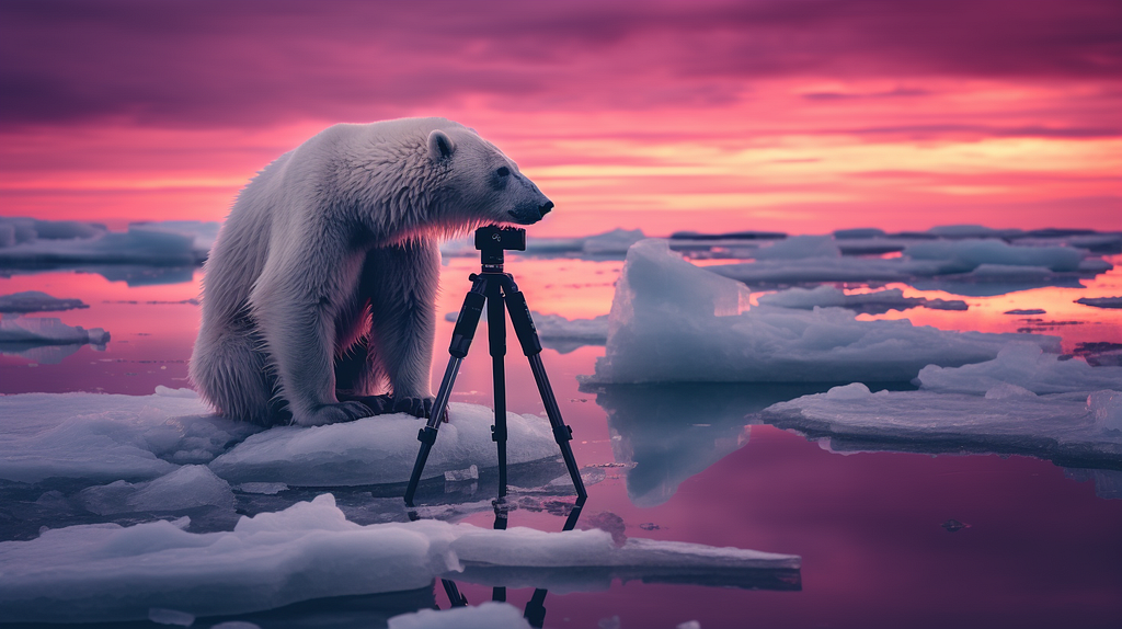 A polar bear in the Arctic next to a camera on a tripod, clicked using an Infrared Camera (generated by Midjourney)