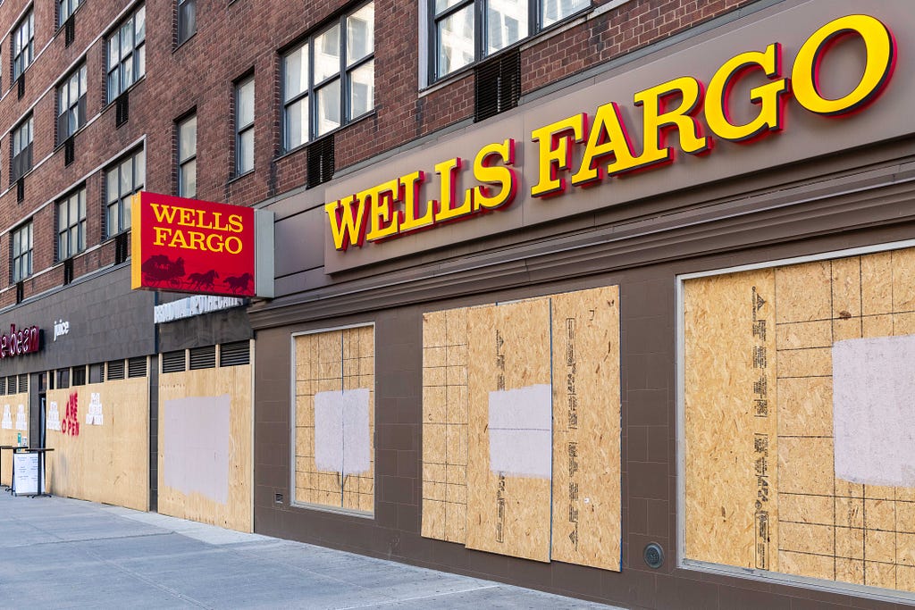 A closed up wells fargo storefront