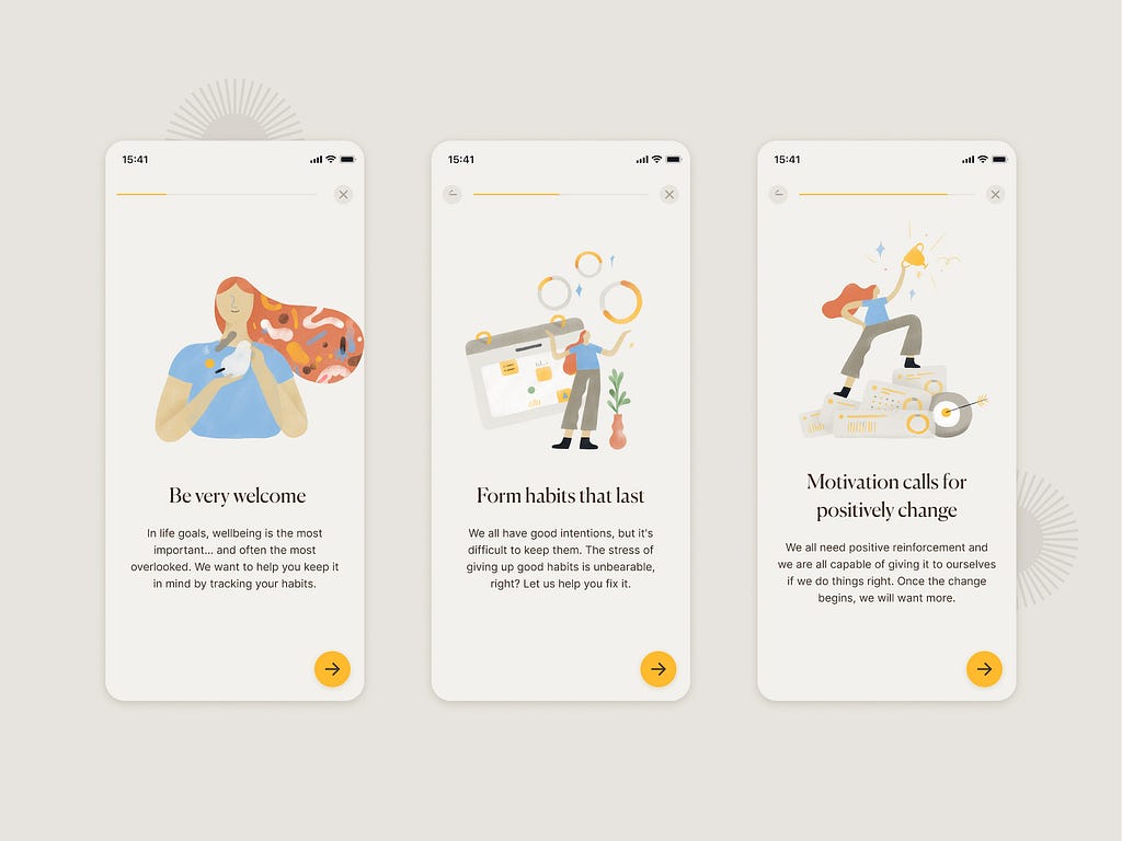 A 3-screen view showing the on boarding of the Habits app