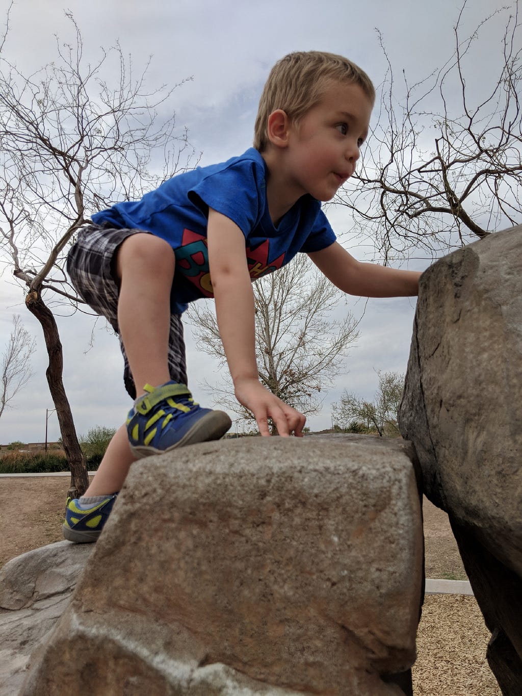 Young toddler boy climbing a rock.