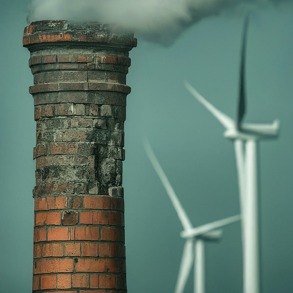 A brick smokestack emitting smoke, symbolizing traditional industrial practices, is contrasted with modern wind turbines against a clear sky, representing the shift towards renewable energy sources in the evolution of sustainability. This image visually encapsulates the article’s theme of how sustainability has evolved over time.