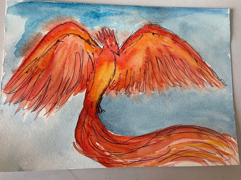 A photo of a watercolor painting of an orange phoenix against a blue-grey background