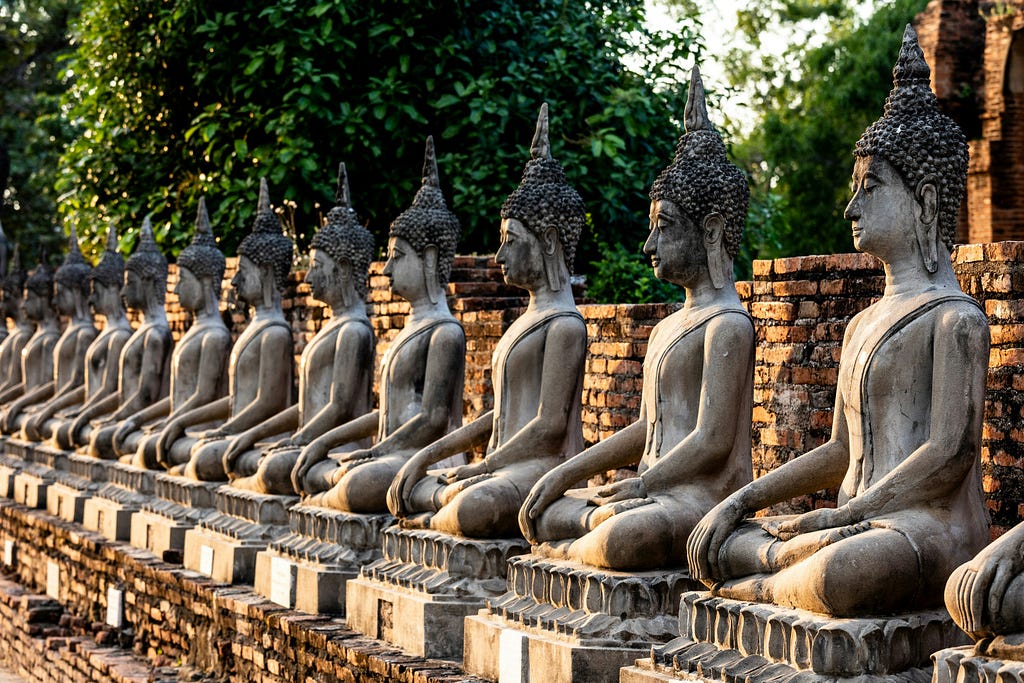 A row of Buddha statues in lotus posture exemplifying the endless approaches to the meditation practices.