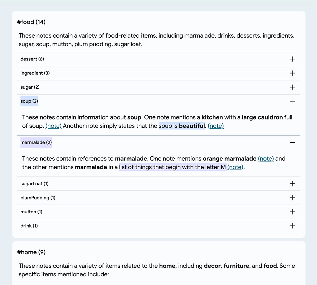 An AutoNotes screenshot of auto-generated subtags and their summaries nested in collapsible containers under auto-generated top-level tags and their summaries. The content was generated for notes adapted from Alice’s Adventures in Wonderland.