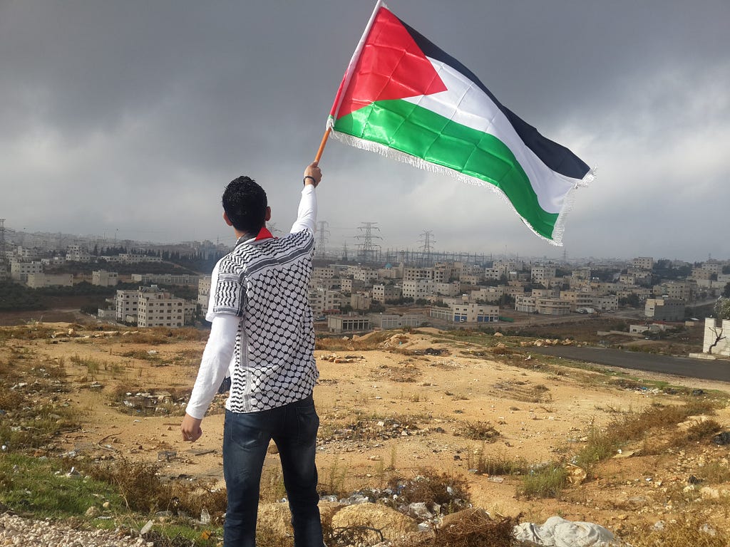 With the sun shining behind him, a young Palestinian boy keeps the flag flying as a sign of the enduring dream for a sovereign homeland.