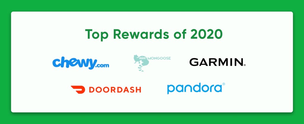 Top Rewards of 2020 including Chewy.com, Garmin, Pandora, DoorDash, mintMONGOOSE