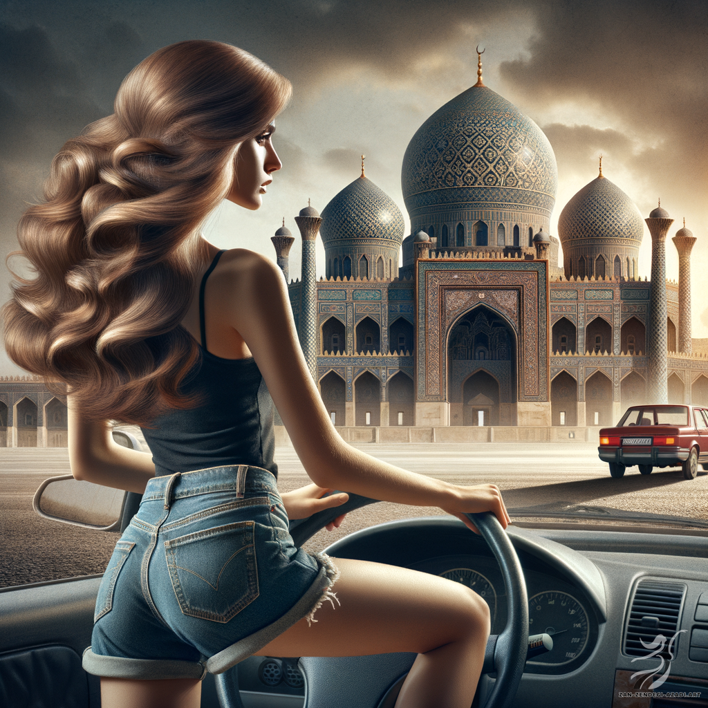One Middle Eastern woman with flowing locks hairstyle and wearing a pair of denim shorts and a tank top is driving a car safely on a street and a grand mosque with impressive domes and minarets like Shah Mosque in the background , rendered with a focus on dramatic lighting and naturalistic details