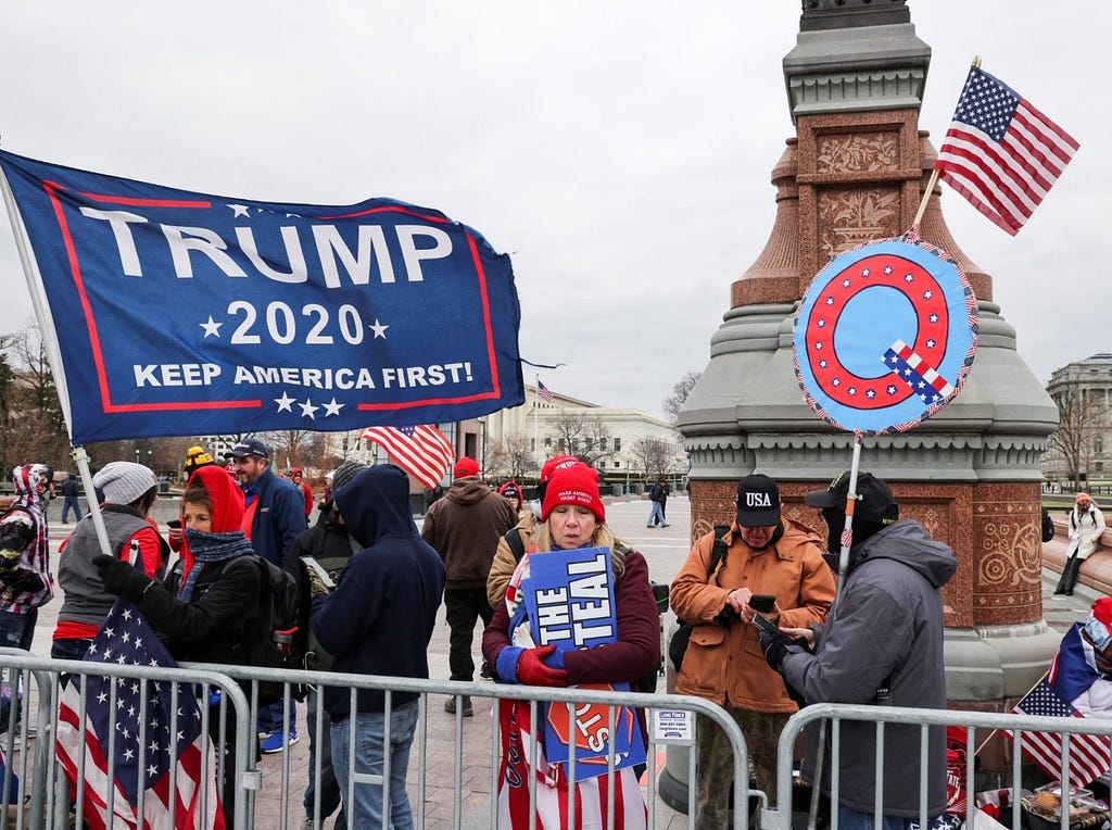 Pro-Trump supporters hold flags as they gather at the U.S. Capitol in Washington, DC, January 6, 2021. Photo by Jonathan Ernst/Reuters