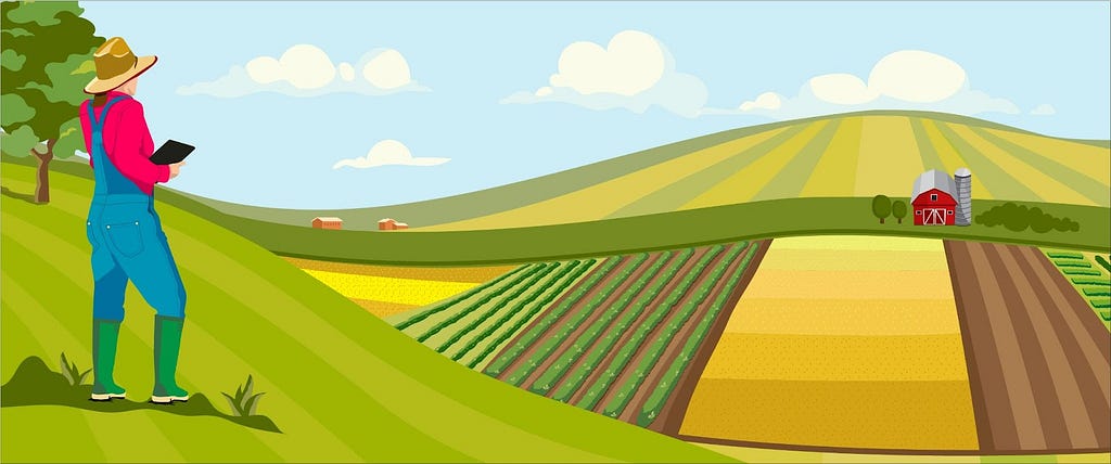 A farmer describes the area from a hilltop perspective.
