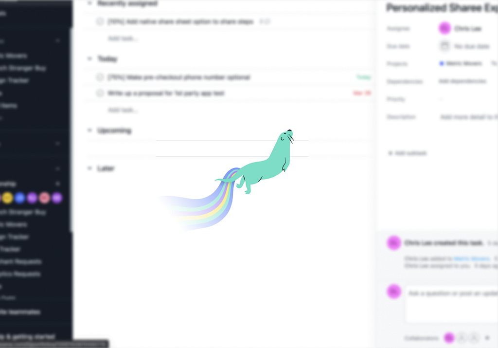 Asana’s task completion screen featuring a blurred dashboard with a rainbow seal flying across the screen