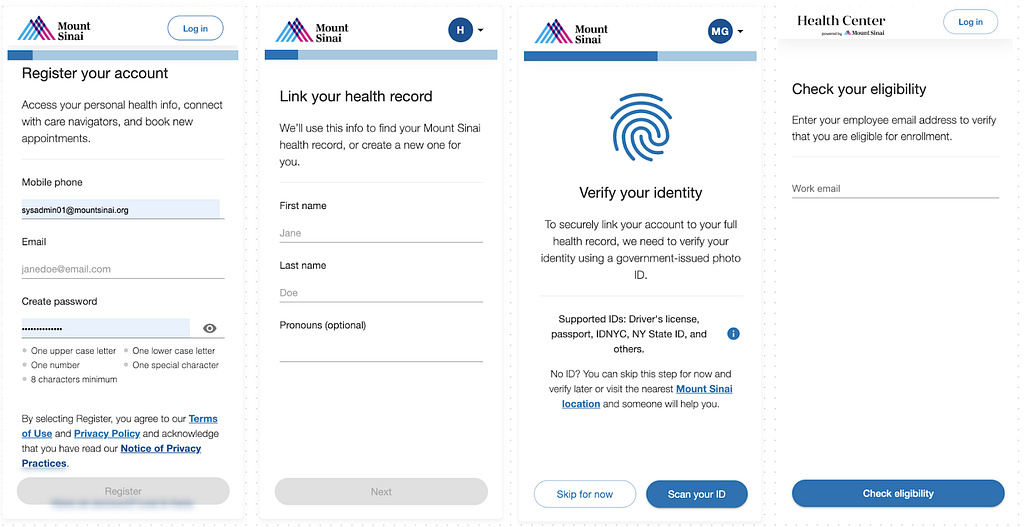 Four app screenshots show new patient onboarding steps, such as registration, linking a health record, verifying identity, and checking program eligibility.