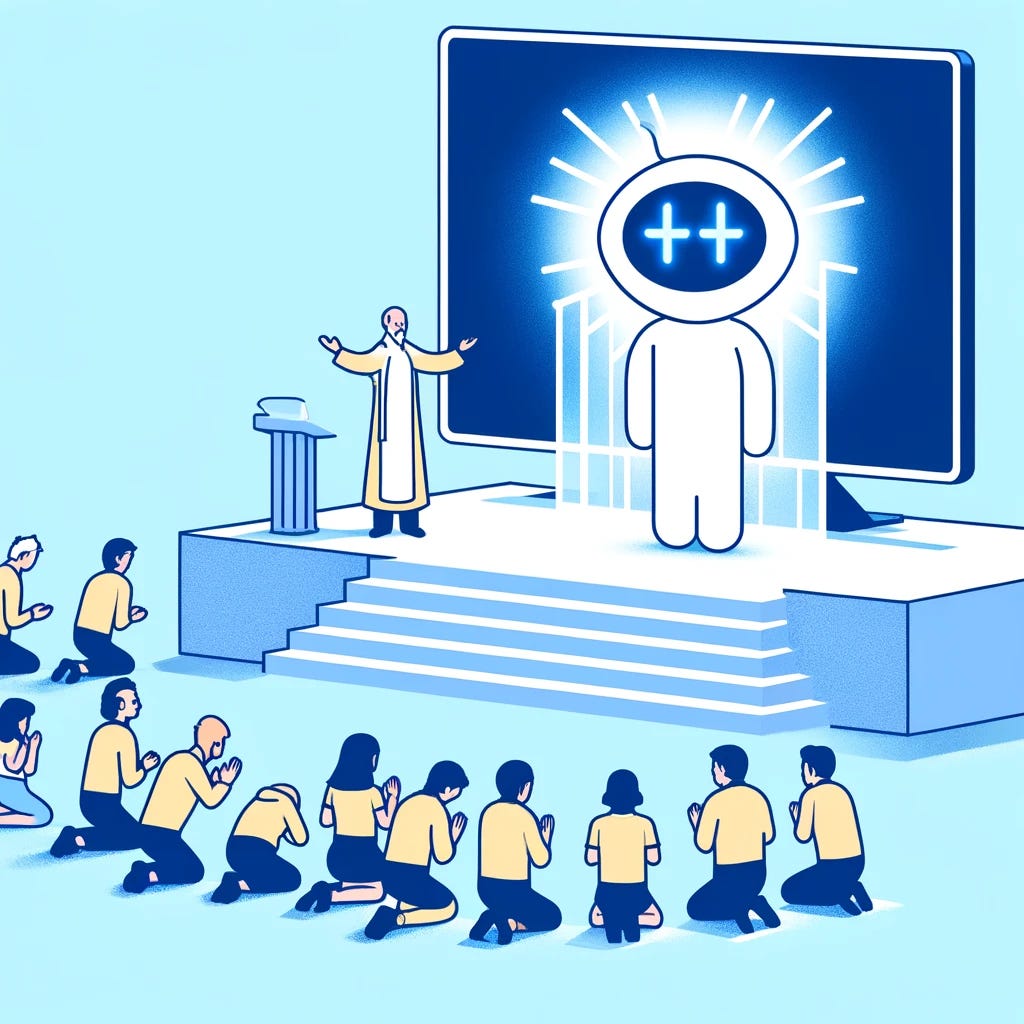 a human priest intermediating between humans and their new AI god