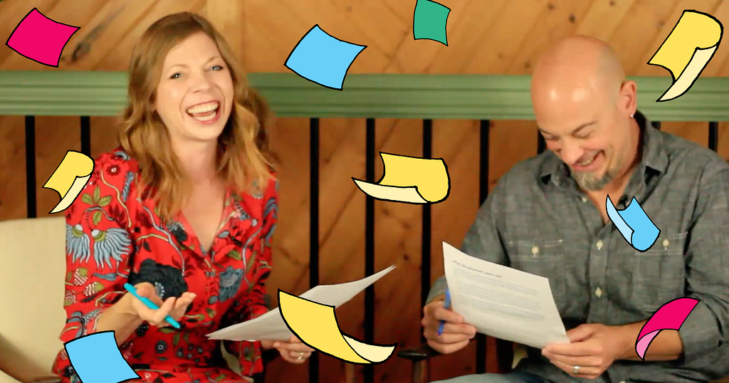 Sophia Prater and Joe Natoli laughing together as illustrated blue, pink, yellow, and green sticky notes fall like leaves around them.