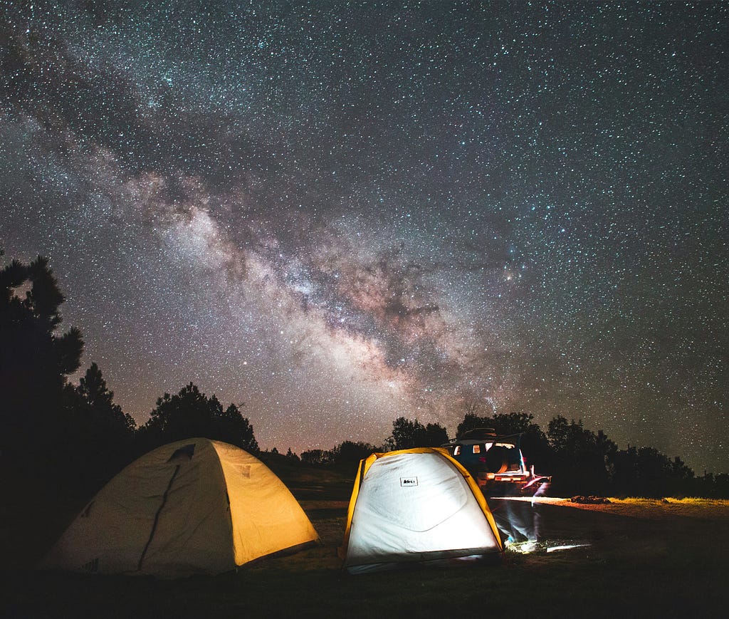 Tent camping under the Milky Way galaxy depicting what camping would be like at DL Bliss State Park