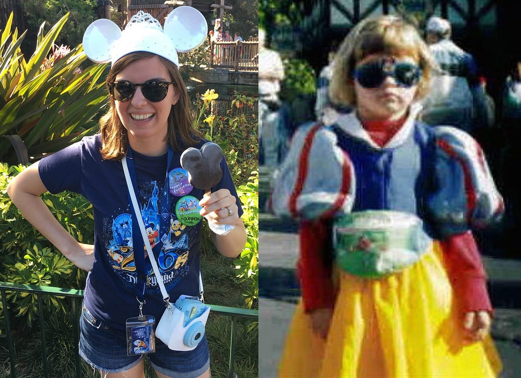 The author in Disney on her honeymoon, and as a younger girl.