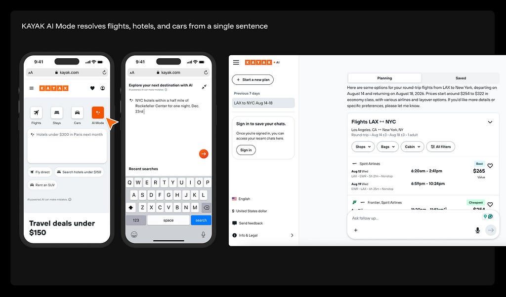 KAYAK mobile app showing AI Mode tab alongside Flights, Stays, and Cars tabs, with a natural language query “NYC hotels within a half mile of Rockefeller Center” and conversational results with follow-up bar.