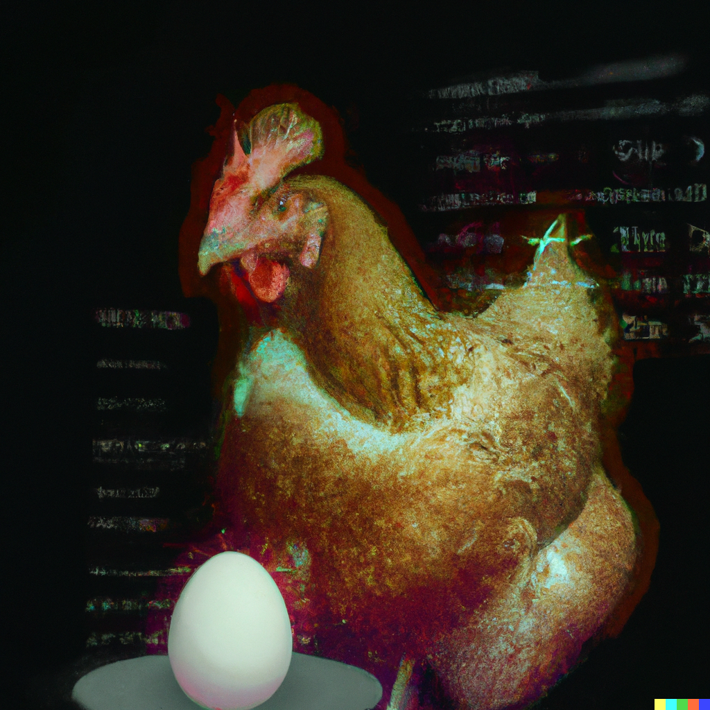 “digital art of a model chicken gazing at an egg made of data”, courtesy of DALL-E