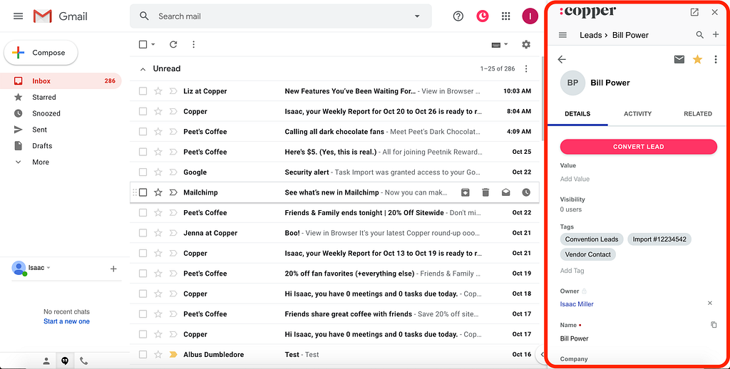 Copper CRM sidebar in Gmail