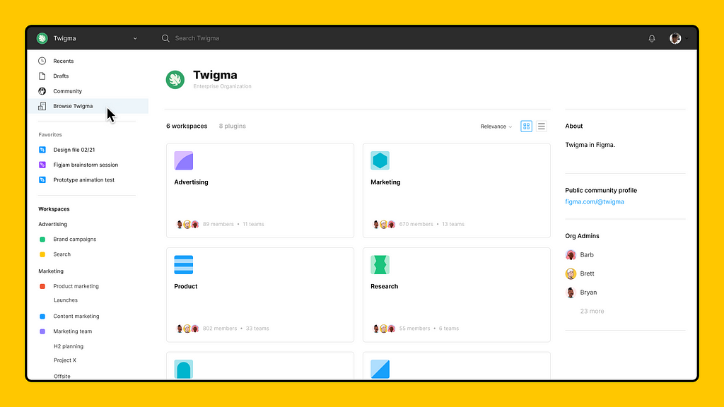 Image showing the Figma home page with an org’s workspaces & team widgets