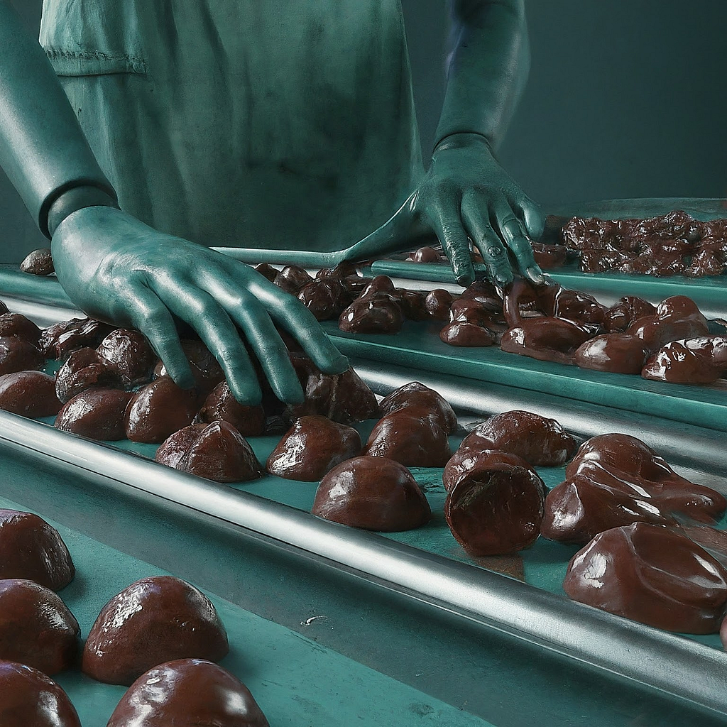 Gloved hands meticulously arranging chocolates on a conveyor belt, unveiling the unseen labor in the chocolate industry