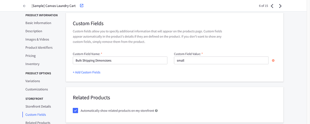 Screenshot of the product edit page on BigCommerce, a custom field matching the code has been added.