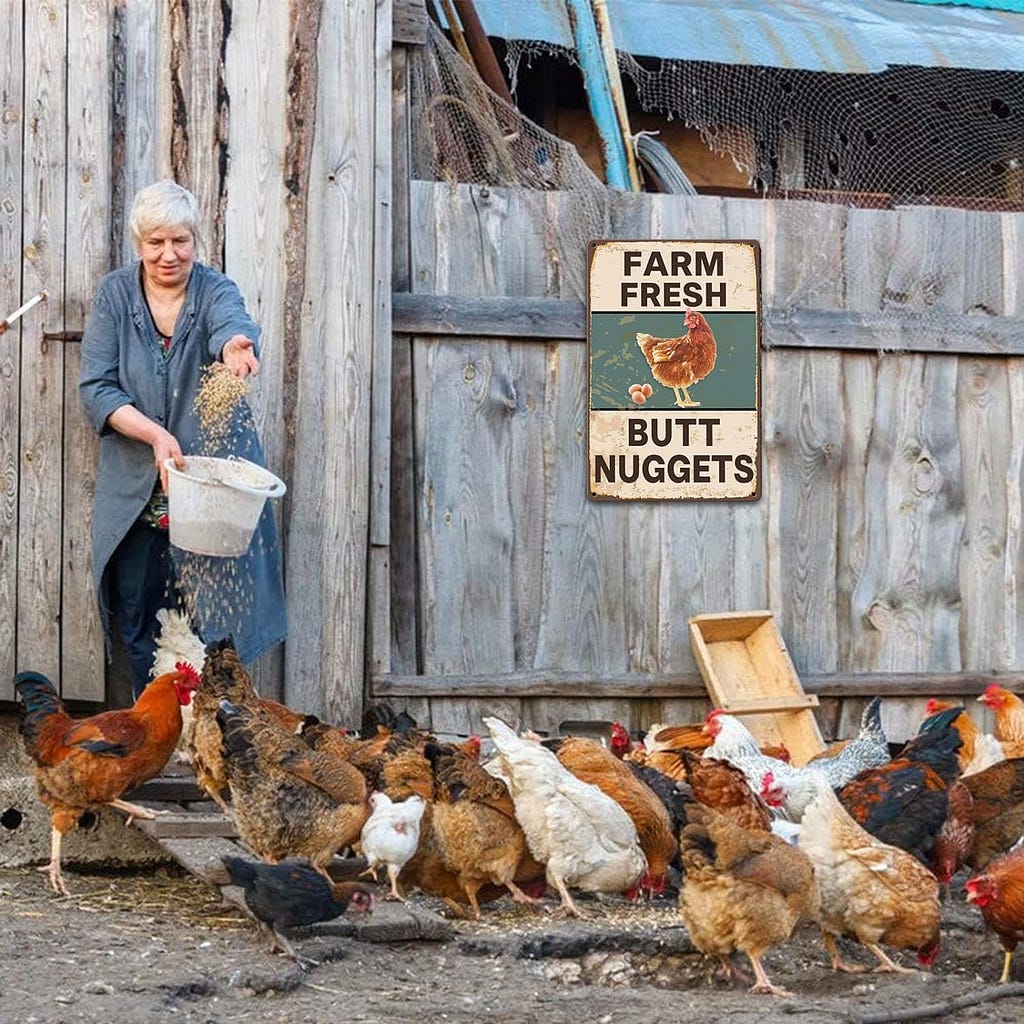 Vintage Metal Signs Chicken Coop Signs for Farm Yard Decor, Farm Tin Signs for Home Kitchen Outdoor Decor, Fresh Butt Nuggets - 8×12 inches